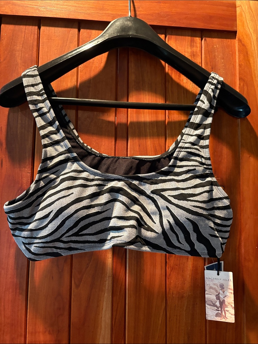 Sincerly Jules Black and Gray Zebra-Print Sports Bralette or Bikini Top